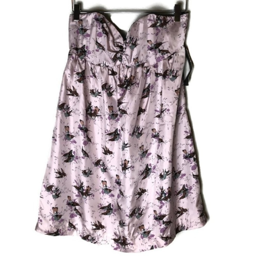 NEW Corey Lynn Calter Anthropologie Silk Bird Print Strapless Mini Dress…